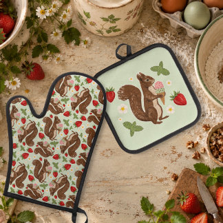 Grillige Eekhoorn Ijs Strawberry Bosland Ovenwant & Pannenlap Set