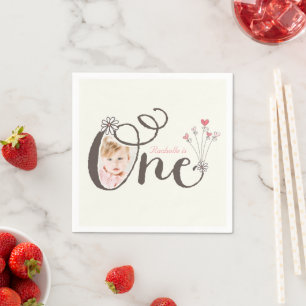 Grillige Eén Roze Baby Meisje 1e Verjaardag Foto Servet