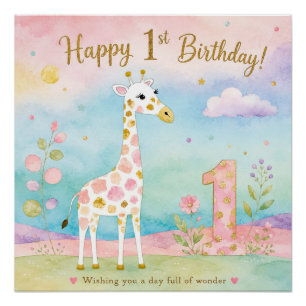 Grillige Eerste Verjaardag van de Giraffe Wonder Perfect Poster