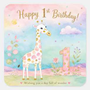 Grillige Eerste Verjaardag van de Giraffe Wonder Vierkante Sticker