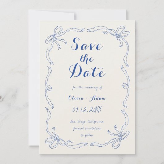 grillige eigenzinnige hand getekend boog blauw save the date (Voorkant)