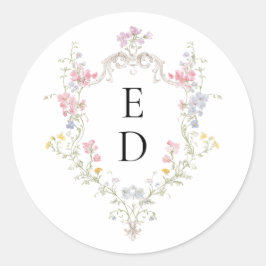 Grillige Elegante Rococo Bloemenkroon Monogram Ronde Sticker