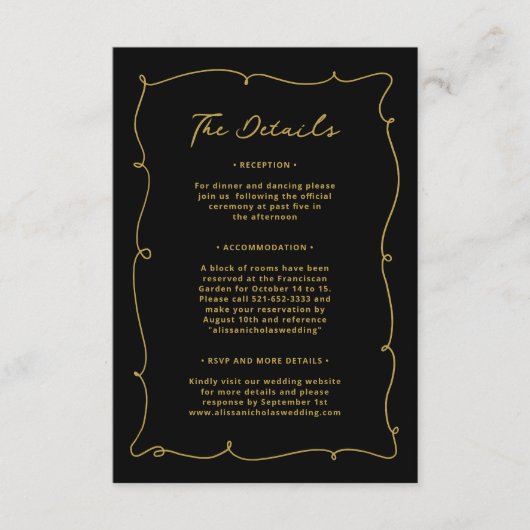  grillige elegante zwart-gouden bruiloft informatiekaartje (Voorkant)