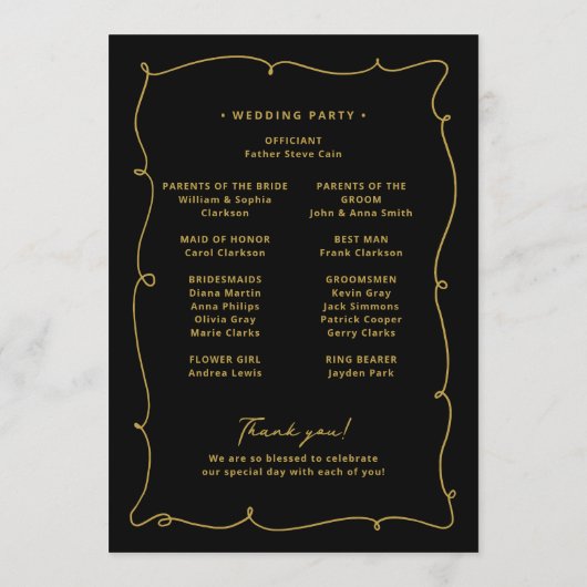 grillige elegante zwart-gouden bruiloft programmakaart (Achterkant)