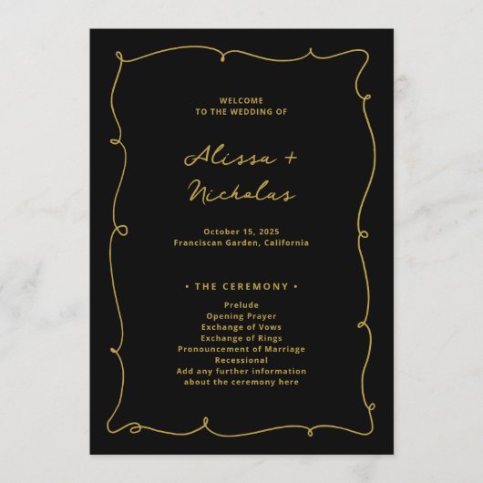  grillige elegante zwart-gouden bruiloft programmakaart (Voorkant)