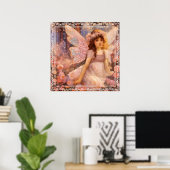Grillige Fee in Droomachtige Roze Bloementuin Poster (Thuiskantoor)