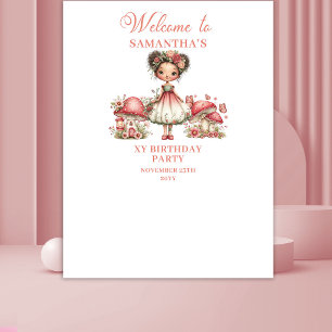 Grillige Fee Roze Bloemen Meisje Verjaardagsbanner Wandkleed