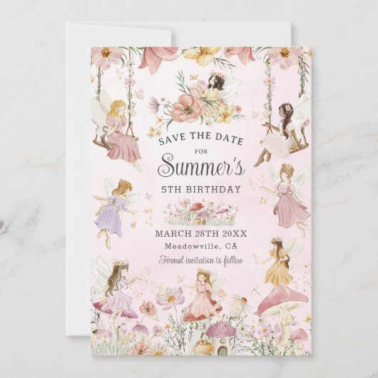 grillige feeën verjaardag bloem tuin weide save the date (Voorkant)