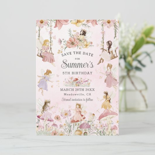 grillige feeën verjaardag bloem tuin weide save the date (Staand voorkant)