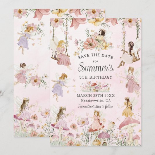 grillige feeën verjaardag bloem tuin weide save the date (Voorkant / Achterkant)