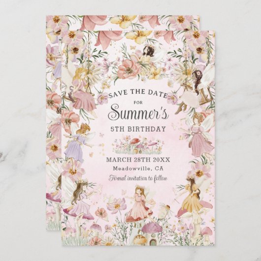 grillige feeën verjaardag bloem tuin weide save the date (Voorkant / Achterkant)