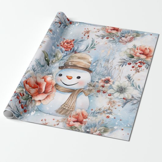 grillige feestelijke bloemen sneeuwman decoupage cadeaupapier (Uitgerold)