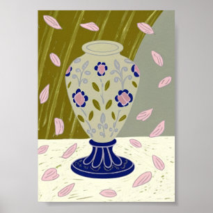 Grillige Folk Art Keramische Vaas met Vallende Roz Poster