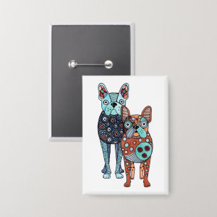 Grillige Franse Bulldogs Folk Art Doodle Rechthoek Button