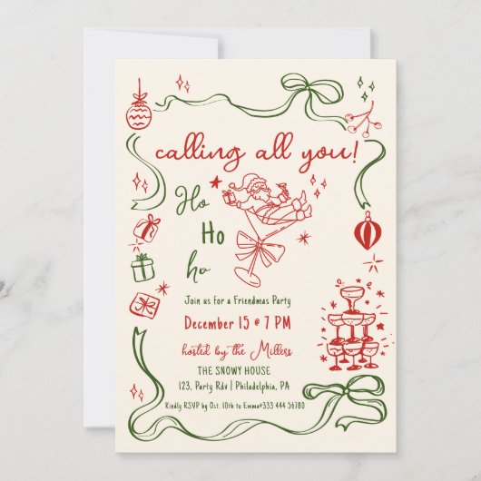 grillige Friendmas party Santa cocktail Aankondiging (Voorkant)