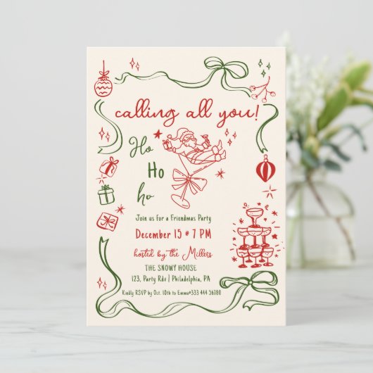 grillige Friendmas party Santa cocktail Aankondiging (Staand voorkant)