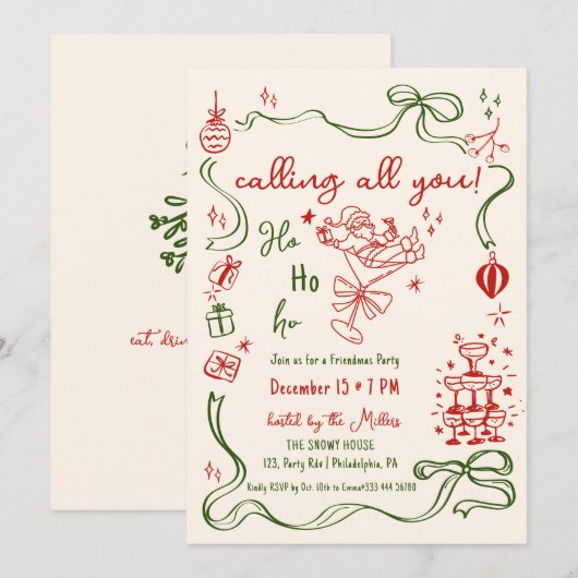 grillige Friendmas party Santa cocktail Aankondiging (Voorkant / Achterkant)