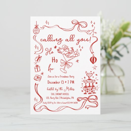 grillige Friendmas party Santa cocktail Aankondiging (Staand voorkant)