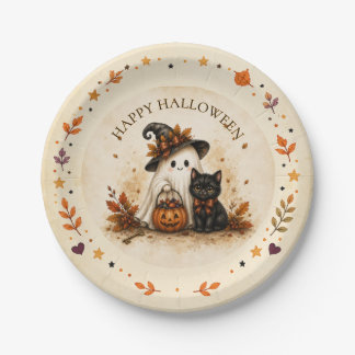 Grillige Geest Zwarte Kat Gelukkig Halloween Papieren Bordje