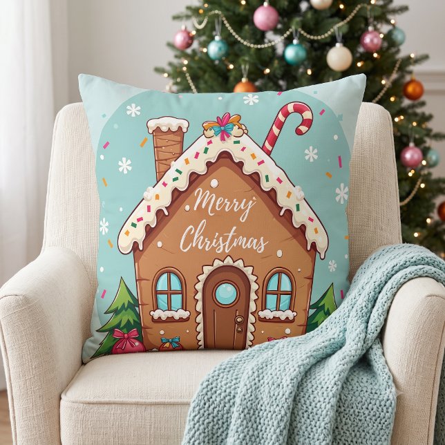 Grillige Gemberkoekhuis Kerst Scene Kussen (Whimsical Gingerbread House Christmas Scene Throw Pillow)