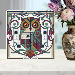 Grillige Geometrische Uil Art Nouveau Bloemmotief Tegeltje