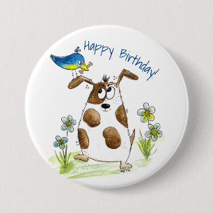 Grillige gevlekte hond met vogel ronde button 7,6 cm