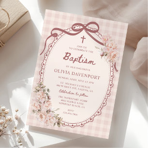 Grillige Gingham Roze Bloemen Meisje Doopfeest Kaart
