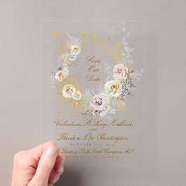 grillige gouden bloemenkrans foto save the date acryl uitnodigingen