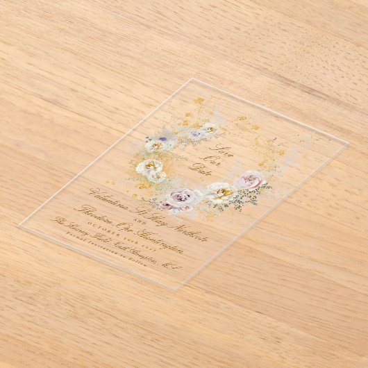 grillige gouden bloemenkrans foto save the date acryl uitnodigingen (Laagn)