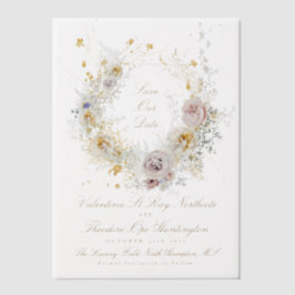 grillige gouden bloemenkrans foto save the date vellum uitnodigingen