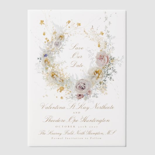 grillige gouden bloemenkrans foto save the date vellum uitnodigingen (Voorkant)