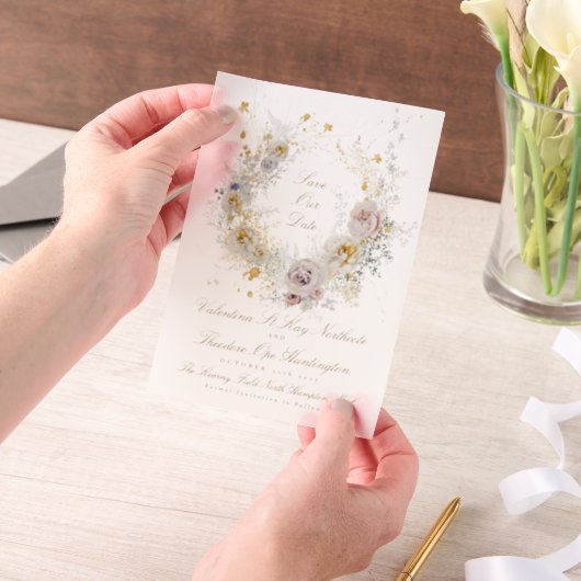 grillige gouden bloemenkrans foto save the date vellum uitnodigingen (Draagbaar)