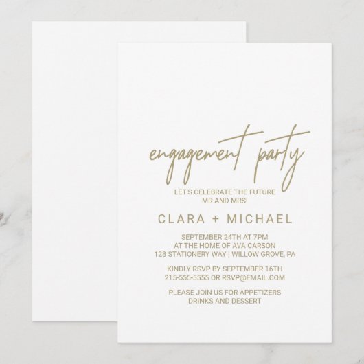 Grillige Gouden Kalligrafie Verloving Feest Kaart (Voorkant / Achterkant)