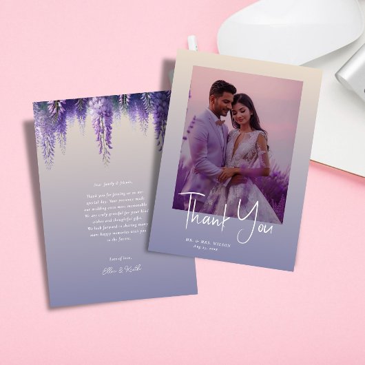 Grillige Gradiënt Paarse Bloem Foto Bruiloft Bedankkaart