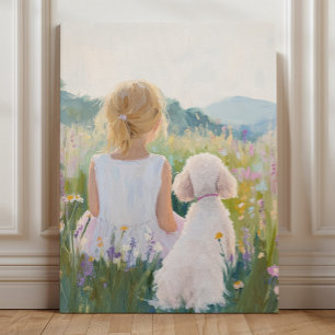 Grillige Grand Millennial Meisje en Hond Kunst Canvas Afdruk