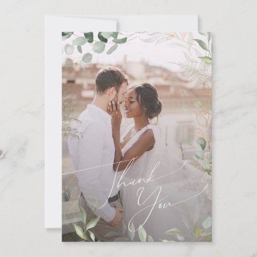 Grillige groenbladeren en goudkleurige vlakke verv bedankkaart (Voorkant)