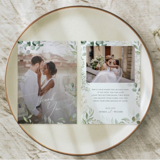 Grillige groenbladeren en goudkleurige vlakke verv bedankkaart