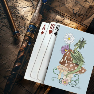 Grillige Groene Fantasie Draak Paddenstoel Bloemen Pokerkaarten