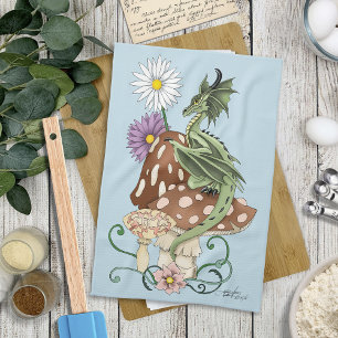 Grillige Groene Fantasie Draak Paddenstoel Bloemen Theedoek