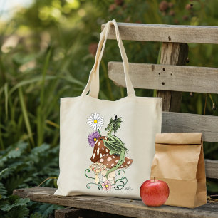 Grillige Groene Fantasie Draak Paddenstoel Bloemen Tote Bag