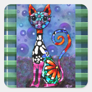 Grillige Grote-Ogen Funky Abstract Kittige Kat Vierkante Sticker