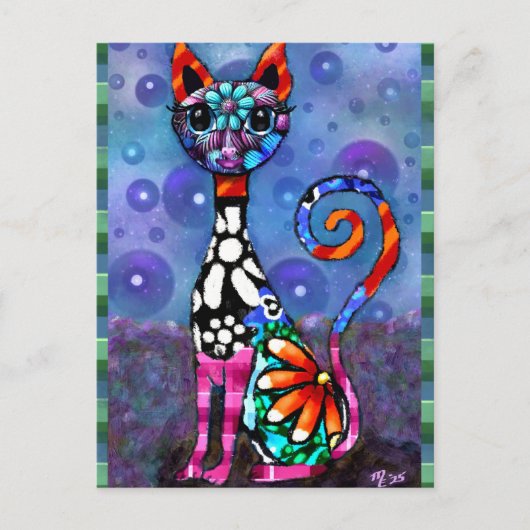 Grillige Grote-Ogen Funky Abstracte Kittie Kat Briefkaart (Voorkant)
