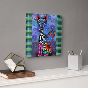 Grillige Grote-Ogen Funky Abstracte Kittie Kat Vierkante Klok