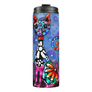 Grillige Grote-Ogen Funky Abstracte Kittige Kat Thermosbeker