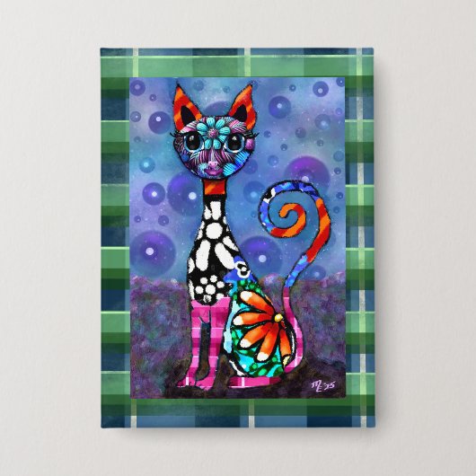 Grillige Grote-Ogen Funky Abstracte Kittkat Button (Voorkant)