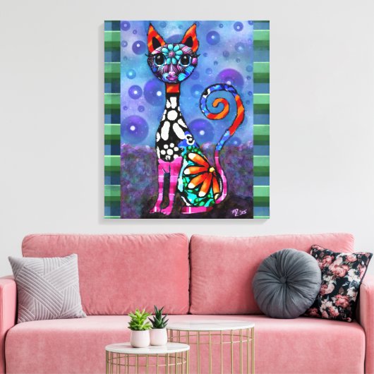 Grillige Grote-Ogen Funky Kattenkat Abstract Canvas Afdruk (Insitu (Woonkamer))