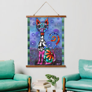 Grillige Grote-Ogen Funky Kattenkat Abstract Hangend Wandkleed