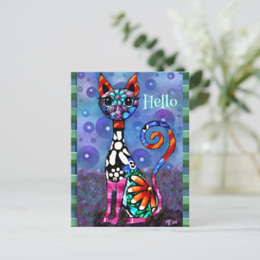 Grillige Grote-Ogen Funky Kitty Kat Gepersonalisee Briefkaart (Staand voorkant)