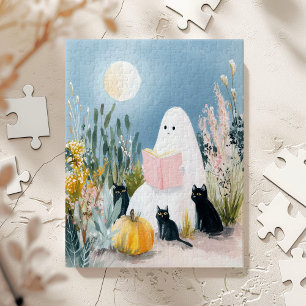 Grillige Halloween Boekliefhebber Geest Zwarte Kat Legpuzzel