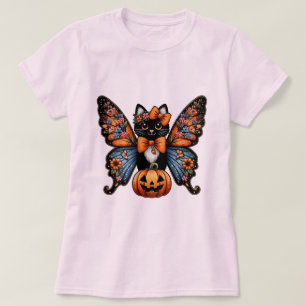 Grillige Halloween Kat Vlinder Vleugels Pompoen T-shirt
